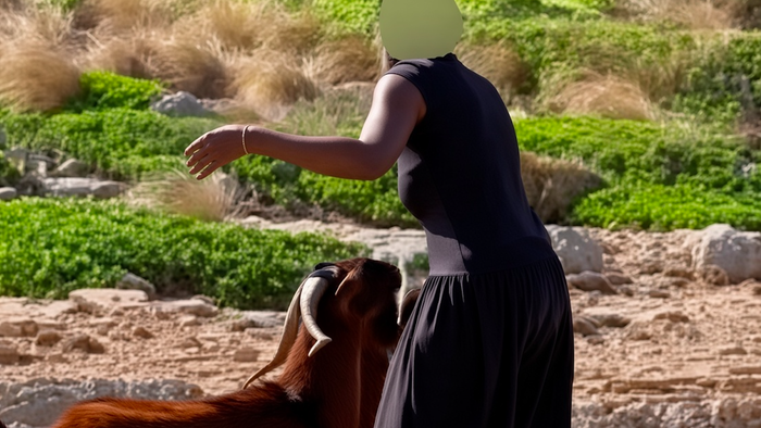 Woman in dark dress with face censored, standing beside a brown goat on rocky terrain.