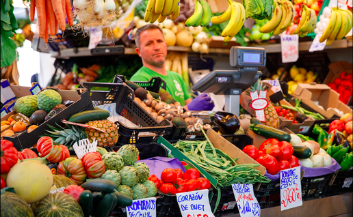 A fruit and vegetable stall in a Spanish market
