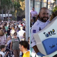 Chef Soler and one of his creations with hundreds wanting to taste a slice.