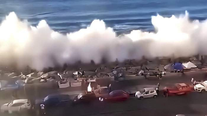 Tsunami wave breaches Javea rock protections.