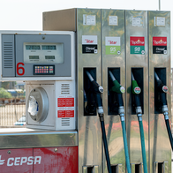Diesel, 95 and 98 fuel pumps at a filling station forecourt in Spain.