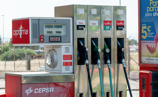 Diesel, 95 and 98 fuel pumps at a filling station forecourt in Spain.