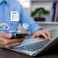Person using a smartphone & laptop with virtual loan approval interface