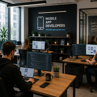 AI generated view of a office with workers at desks for a mobile app company
