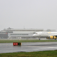 Vueling aircraft on the tarmac in front of Cardiff Airport.