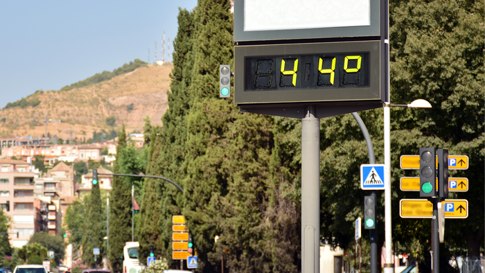 A digital street thermometer in a Spanish city displaying 44 degrees Celsius on a sunny day, with traffic and trees in the background.