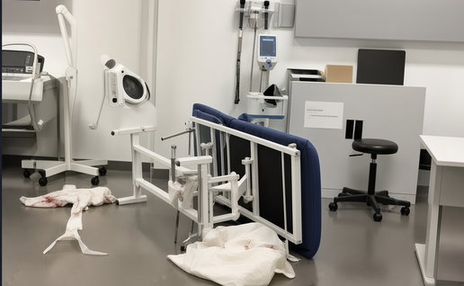 A destroyed doctors surgery after a confrontation