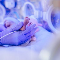 Macro photo of doctors hands and legs of a premature baby .