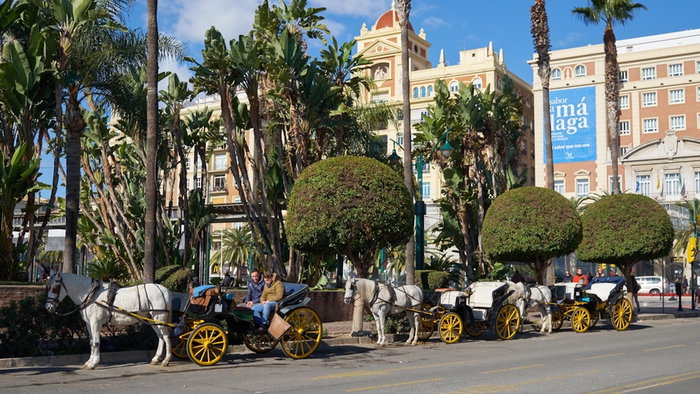 Horse carriages at Plaza de La Marina in Spain.