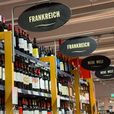 Rows of European wines in the beverage section of an Austrian Supermarket