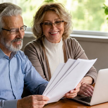 Couple approaching retirement checking pension paperwork and finances on a laptop