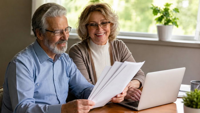 Couple approaching retirement checking pension paperwork and finances on a laptop