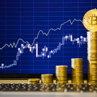 Financial growth concept with golden Bitcoins ladder on forex chart background.