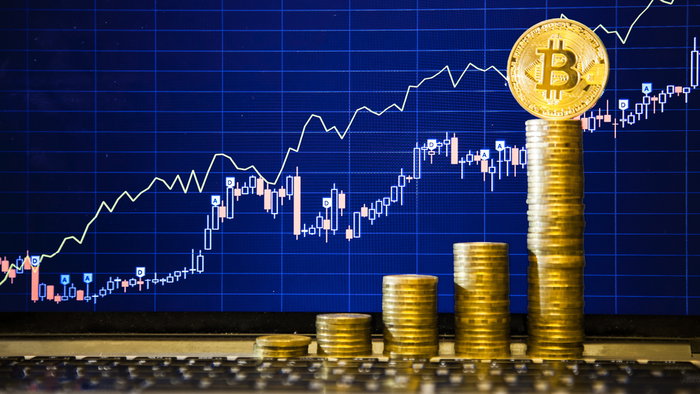 Financial growth concept with golden Bitcoins ladder on forex chart background.