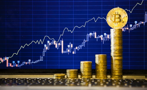 Financial growth concept with golden Bitcoins ladder on forex chart background.