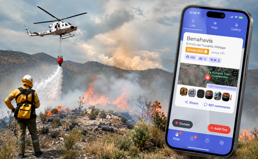 phone image over wildfire shot