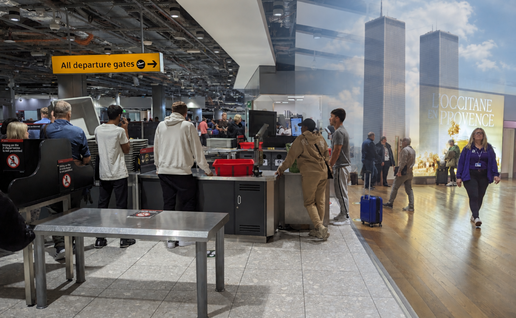 Airport security point overlaid with twin tower image