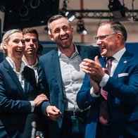 Alice Weidel, Ulrich Siegmund and Tino Chrupalla celebrate the AfD’s Saxony-Anhalt election victory.