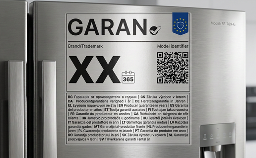 Close-up of the new EU GARAN guarantee label on a fridge door, showing the tick symbol, QR code and guarantee-length information in multiple languages.