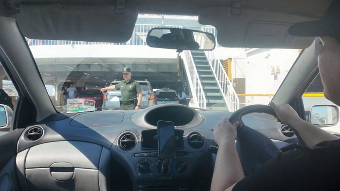 Ferry checks by Guardia Civil officer on goods carried.