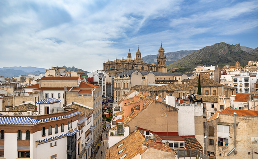 Aerial view of Jaén's old town rooftops and cathedral with mountains in the background.