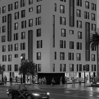 Black-and-white architectural rendering of a tall modern hotel building on a city street corner at dusk, with palm trees, pedestrians and cars in the foreground.
