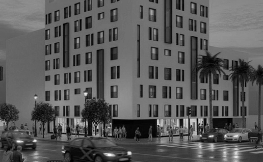 Black-and-white architectural rendering of a tall modern hotel building on a city street corner at dusk, with palm trees, pedestrians and cars in the foreground.