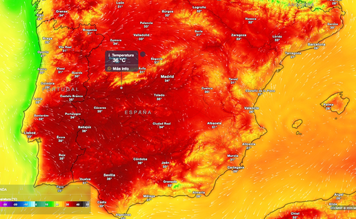 A forecast temperature map of Spain and Portugal for Thursday at 5pm, shaded deep red across the southwest, with Córdoba, Sevilla and Badajoz at 36ºC, Madrid at 34ºC, Zaragoza at 33ºC and Barcelona at 28ºC.