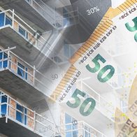 A building under construction overlaid with €50 euro banknotes.