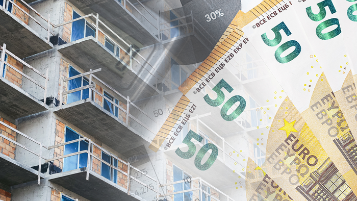 A building under construction overlaid with €50 euro banknotes.