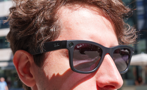 The upper face of a man wearing Meta AI glasses