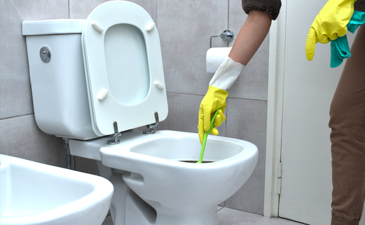 A woman with marigold gloves on scrubbing a toilet with a scrubbing brush