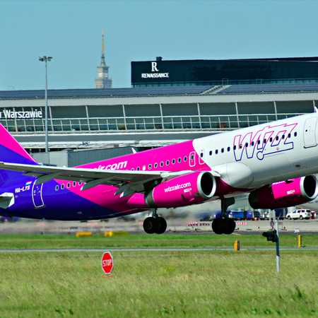 Wizzair aircraft lifting off from Warsaw airport