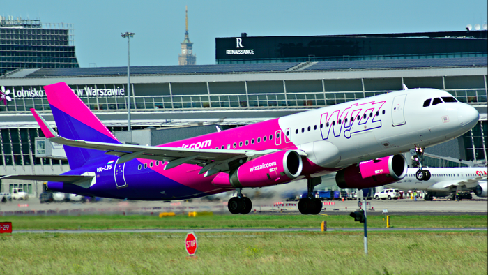 Wizzair aircraft lifting off from Warsaw airport