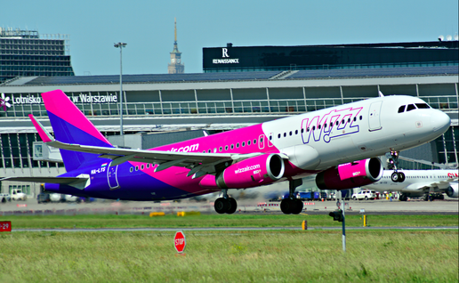 Wizzair aircraft lifting off from Warsaw airport