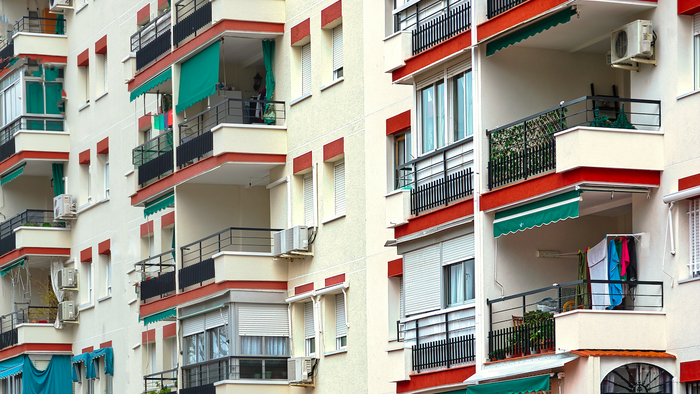 Balconies of apartment buildings in Spain