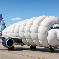 Commercial airplane covered in large white inflatable airbags on a runway.