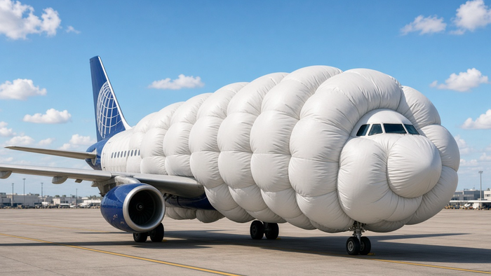 Commercial airplane covered in large white inflatable airbags on a runway.