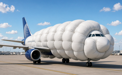 Commercial airplane covered in large white inflatable airbags on a runway.