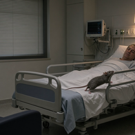 Rat standing on a hospital bed next to a sleeping patient in a dimly lit Spanish hospital room.