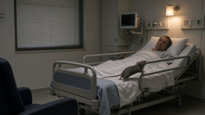 Rat standing on a hospital bed next to a sleeping patient in a dimly lit Spanish hospital room.