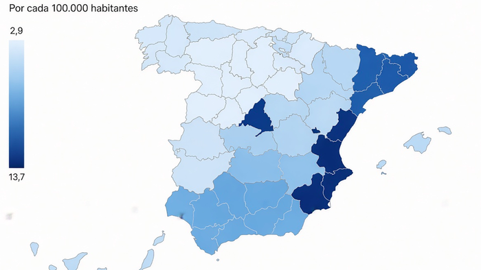 Blue choropleth map of Spain showing lanzamientos per 100,000 inhabitants in Q1 2026