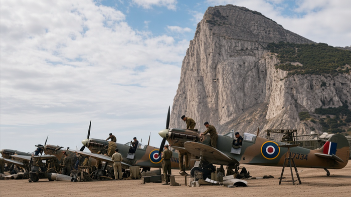 Colorized WWII photo of RAF Spitfires being serviced on the airfield at Gibraltar, with the Rock of Gibraltar in the background.