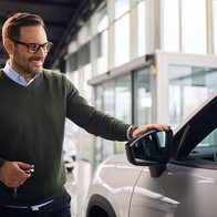 A man smiling as he opens the door of a new car in a dealership showroom, holding the keys.