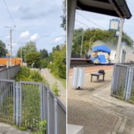 Moment of impact between train and lorry.