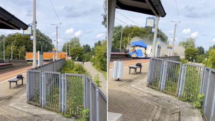 Moment of impact between train and lorry.
