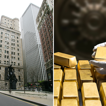 A split image showing the Federal Reserve Bank of New York building on Liberty Street beside gloved hands stacking gold bars.
