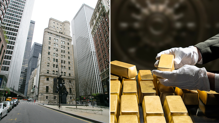 A split image showing the Federal Reserve Bank of New York building on Liberty Street beside gloved hands stacking gold bars.