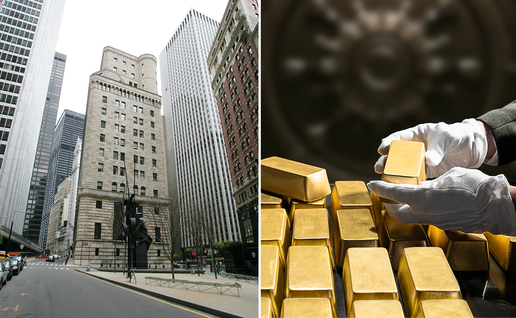 A split image showing the Federal Reserve Bank of New York building on Liberty Street beside gloved hands stacking gold bars.