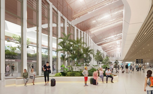 Architectural rendering of a bright, modern airport terminal interior with palm trees, glass walls and travellers with luggage, showing the planned redesign of Tenerife Sur airport's terminal.